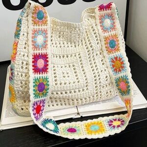WHITE Granny Square Crochet Tote Bag